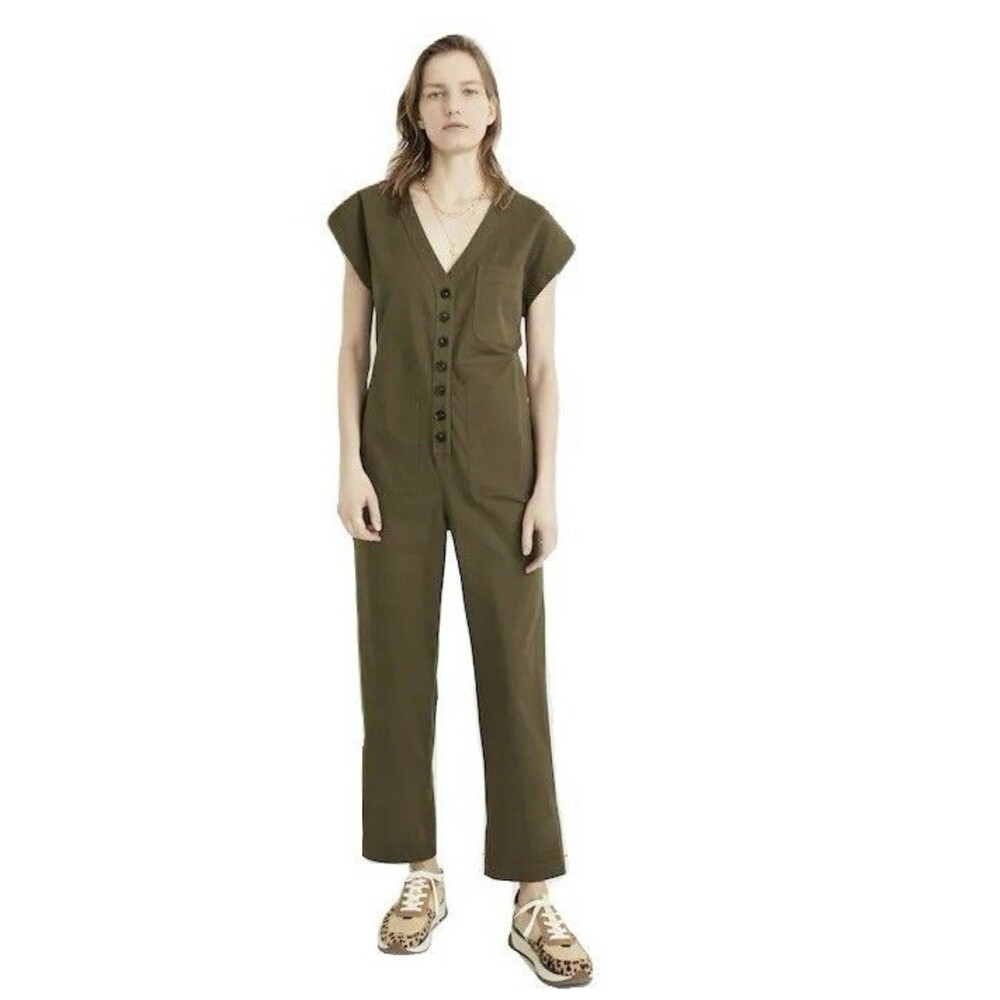 NEW Madewell Womens Size XS Kale Green Cap Sleeve Cotton Utility Jumpsuit $138